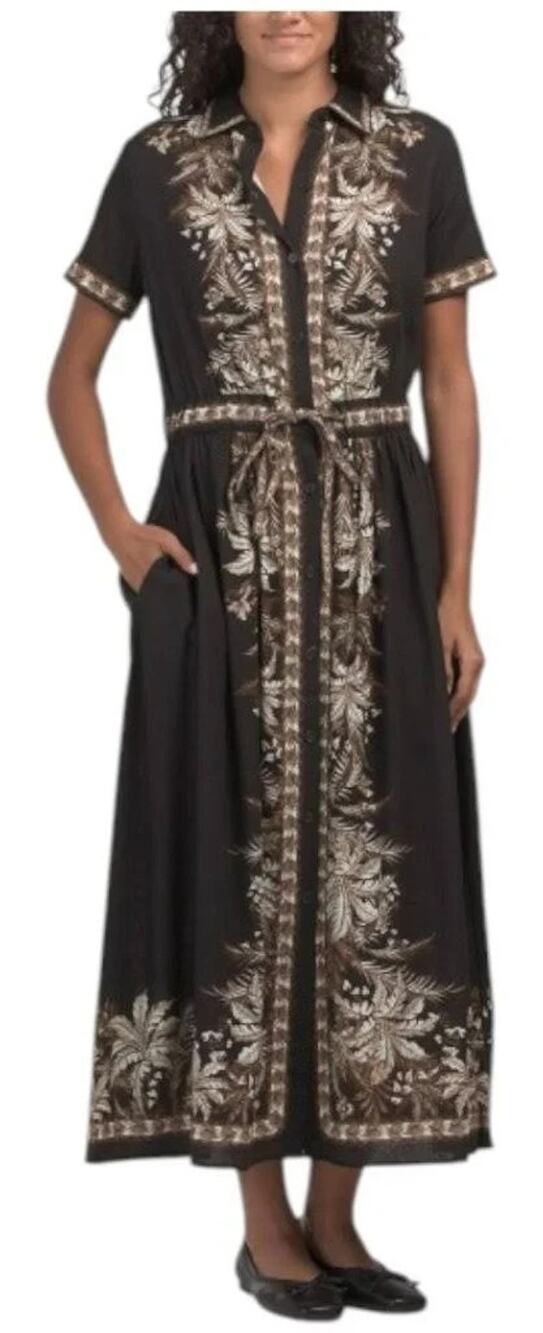 Max Studio Sz XS Belted Maxi Black/Brown Shirt Dress with Pockets MSRP $198 NWT